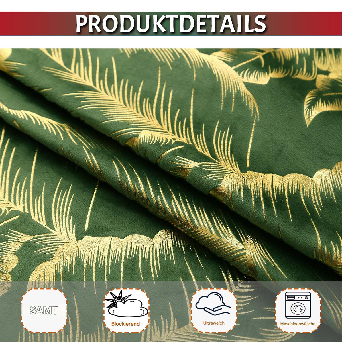 Rideaux de Noël en velours avec feuille d'or · Occultants · Rouge/Vert · 2 pièces