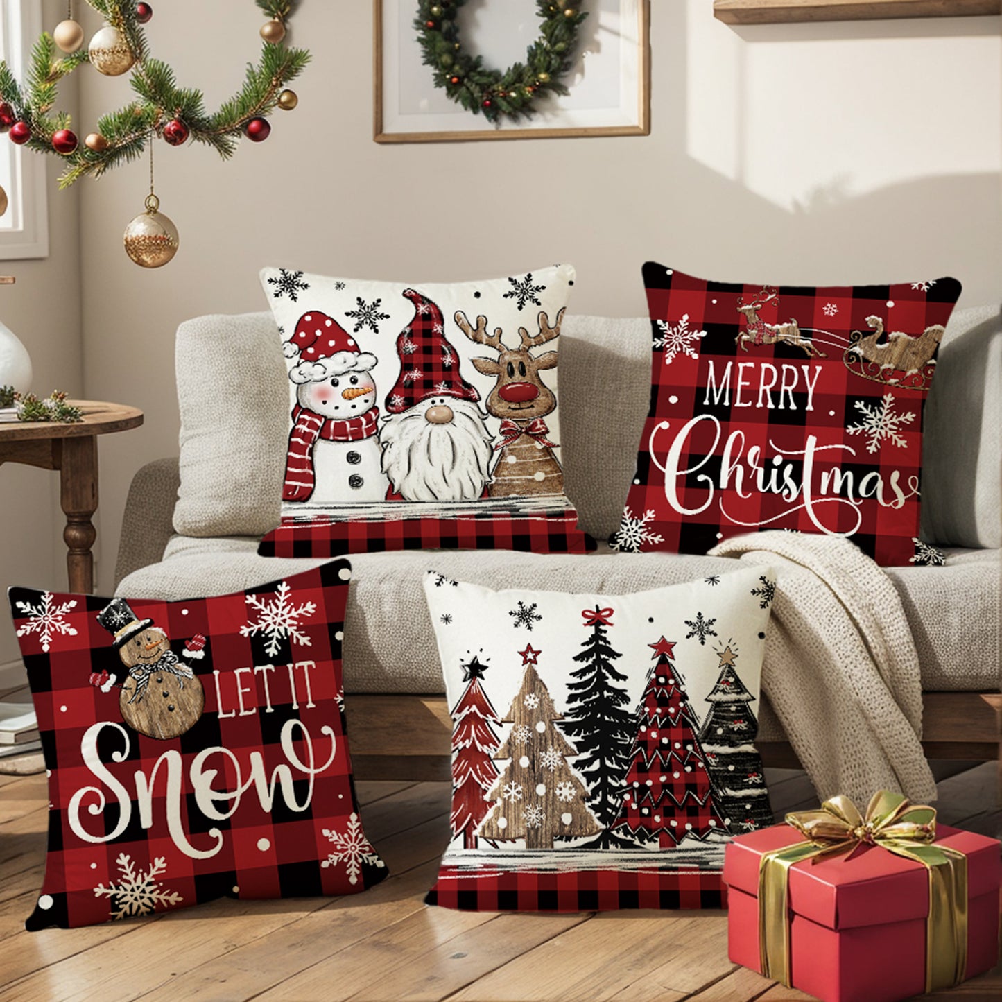 4er-Set Weihnachts-Kissenbezüge aus Leinen – Softe Dekokissen für Sofa und Bett (45×45 cm)