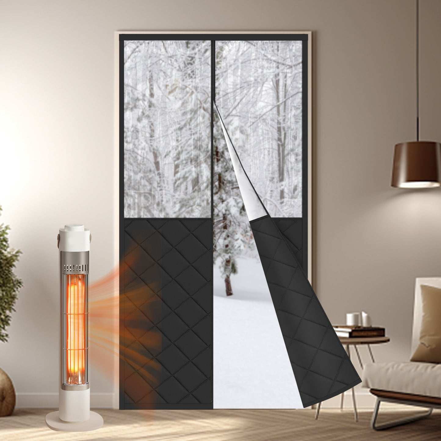 Magnetischer gesteppter Thermo Türvorhang mit großem Fenster · Wärmeschutz für Winter und Sommer