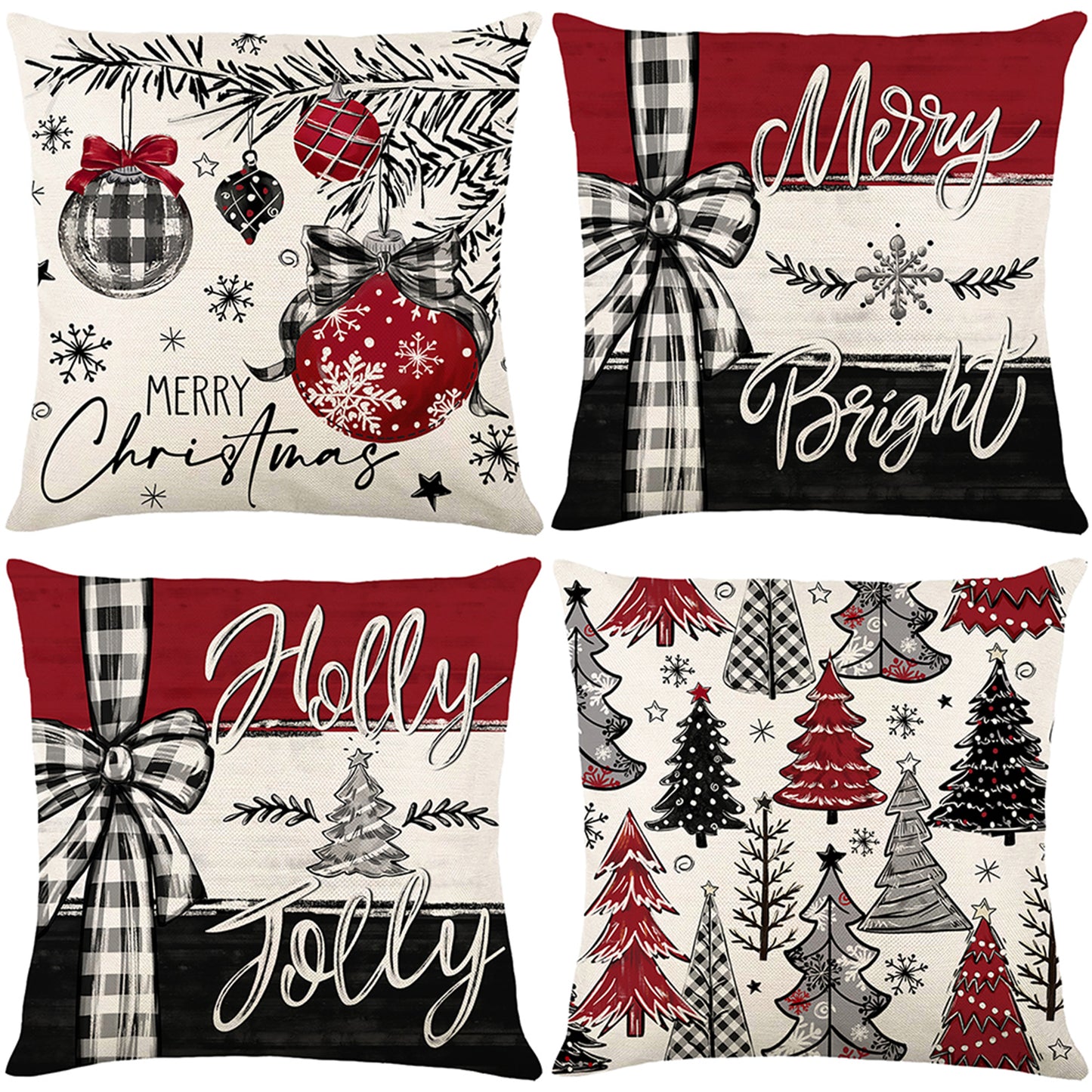 4er-Set Weihnachts-Kissenbezüge aus Leinen – Softe Dekokissen für Sofa und Bett (45×45 cm)