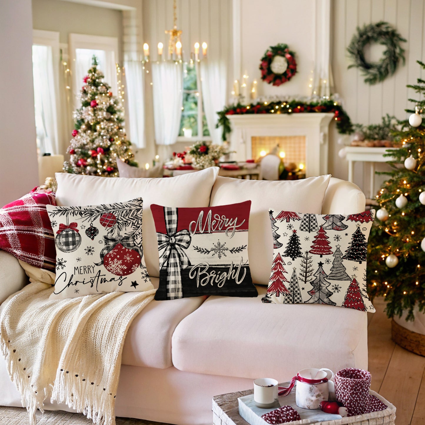 4er-Set Weihnachts-Kissenbezüge aus Leinen – Softe Dekokissen für Sofa und Bett (45×45 cm)