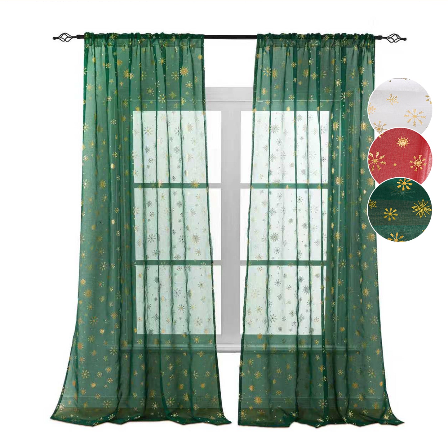 Weihnachtsvorhang Schneeflocken Goldfolie 2er Set Transparente Gardine