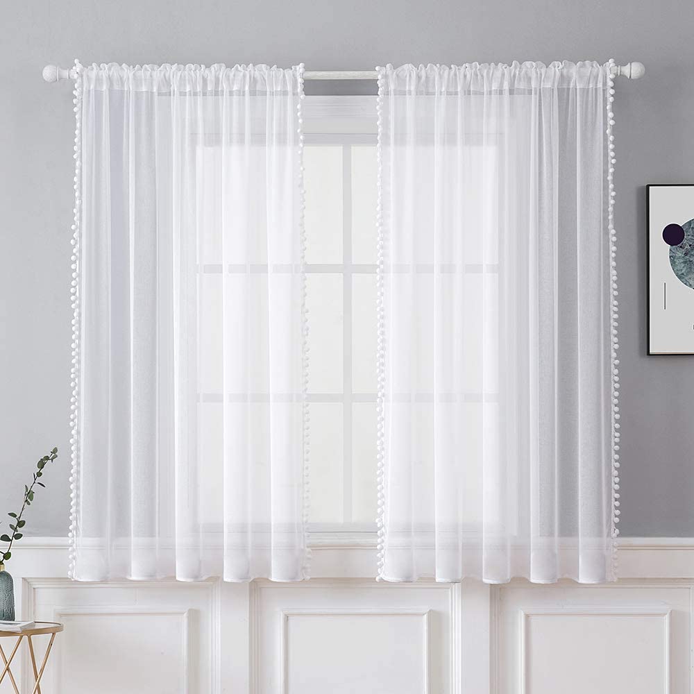 Transparente Gardine Voile mit Pompoms Weiß 1 Panel