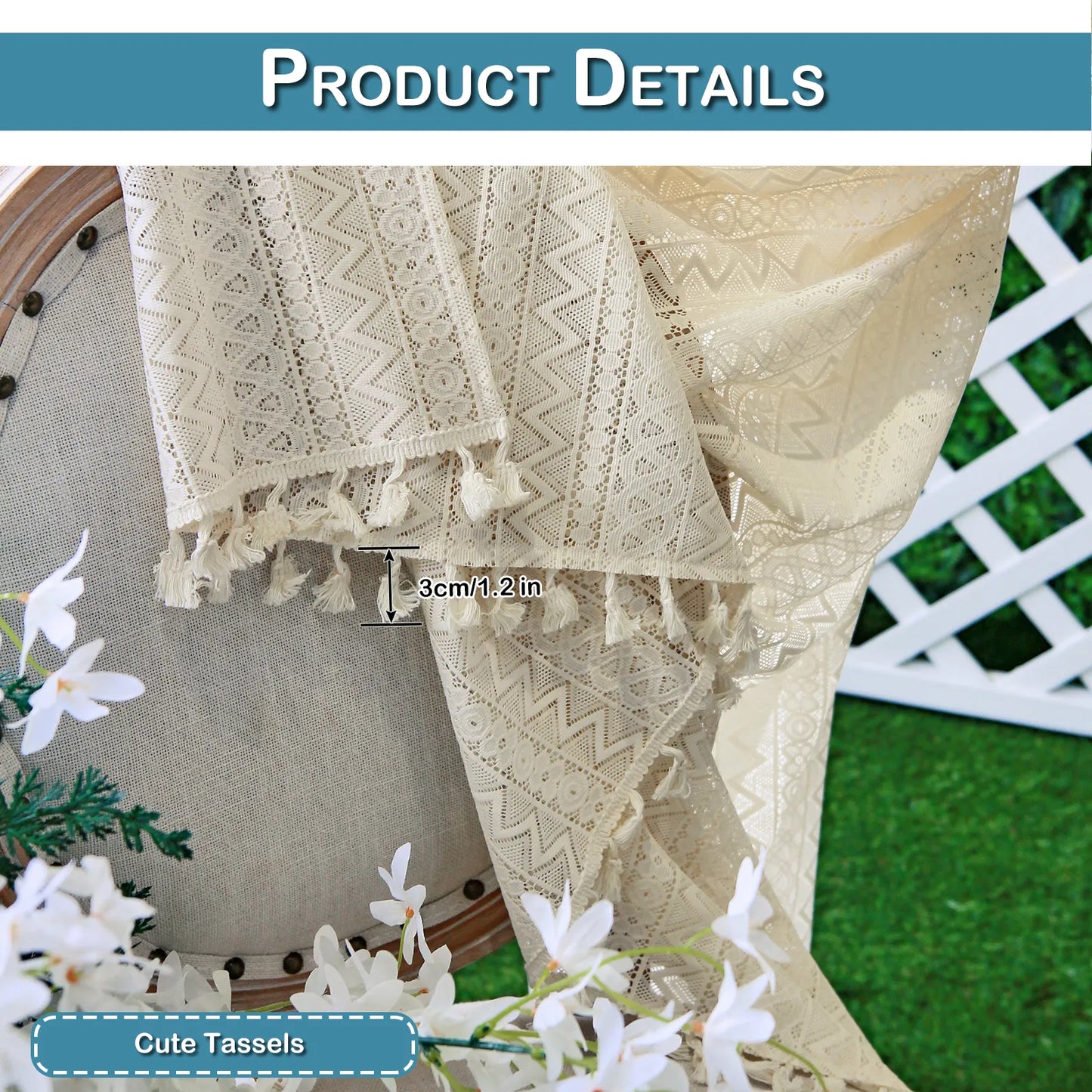 Boho Scheibengardine mit Quasten – Transparente Kurzvorhänge, Rod Pocket