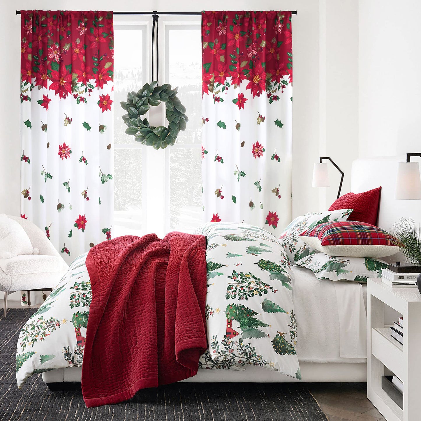 Weihnachtsvorhang Rot Weiß mit Blumenmuster 2er Set