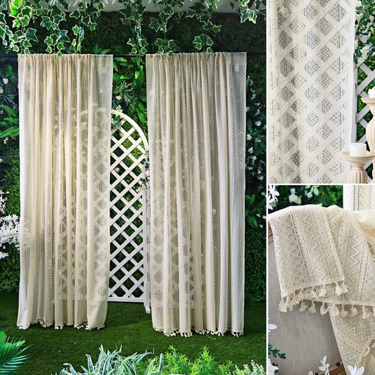 Sheer Vintage Curtain with Tassels – Crochet Look, Rod Pocket, Cream