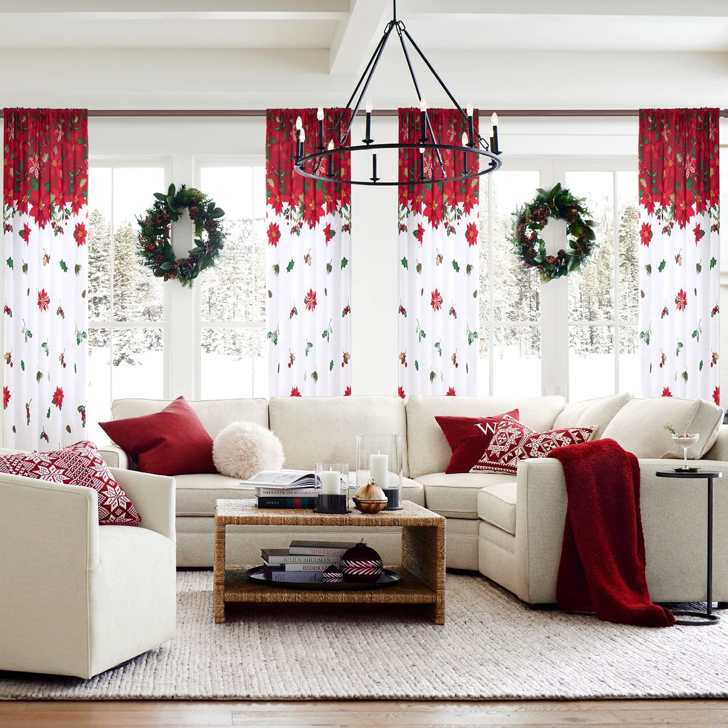 Weihnachtsvorhang Rot Weiß mit Blumenmuster 2er Set