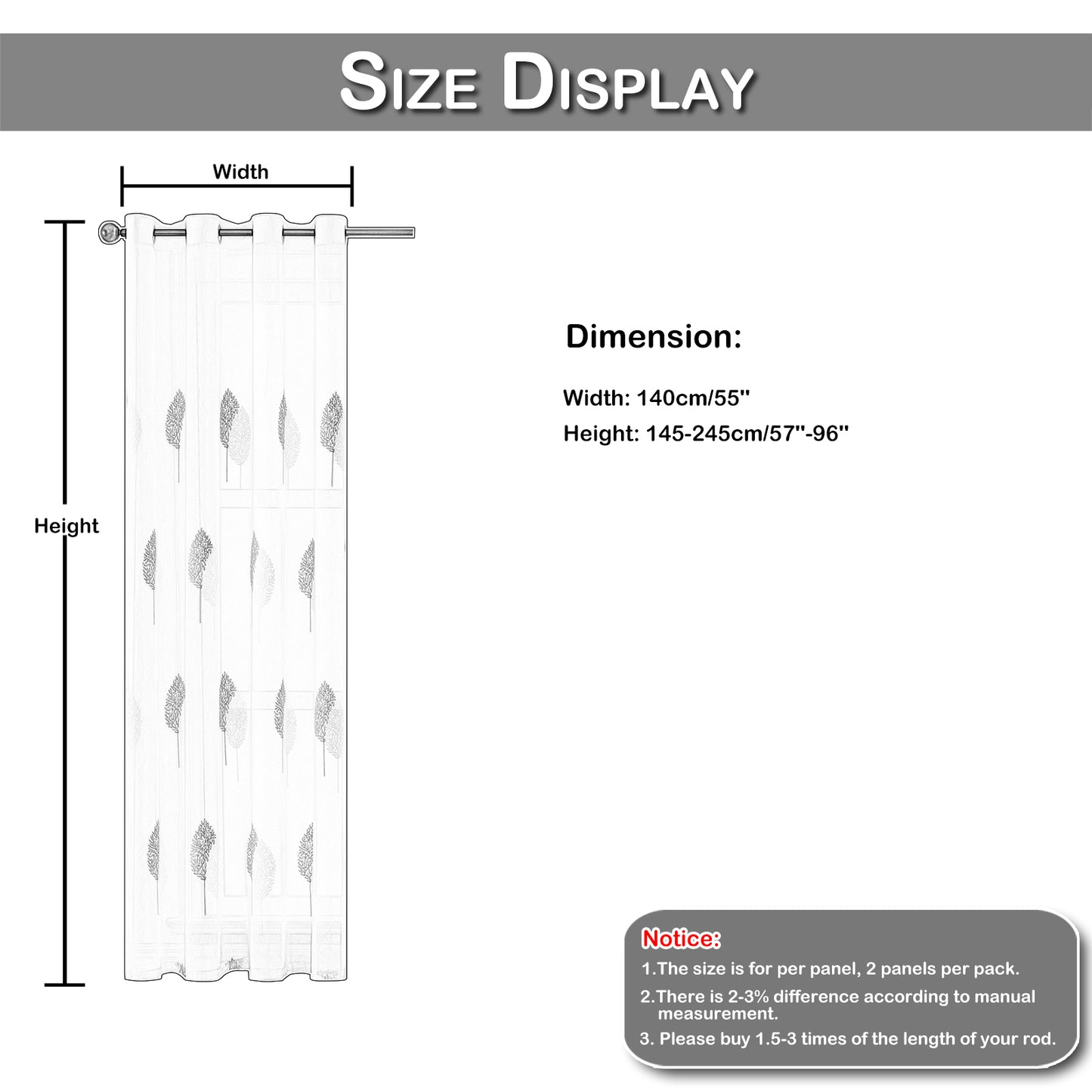 Transparente Gardine mit Stickerei – Blätterdesign, 2er Set, Ösen