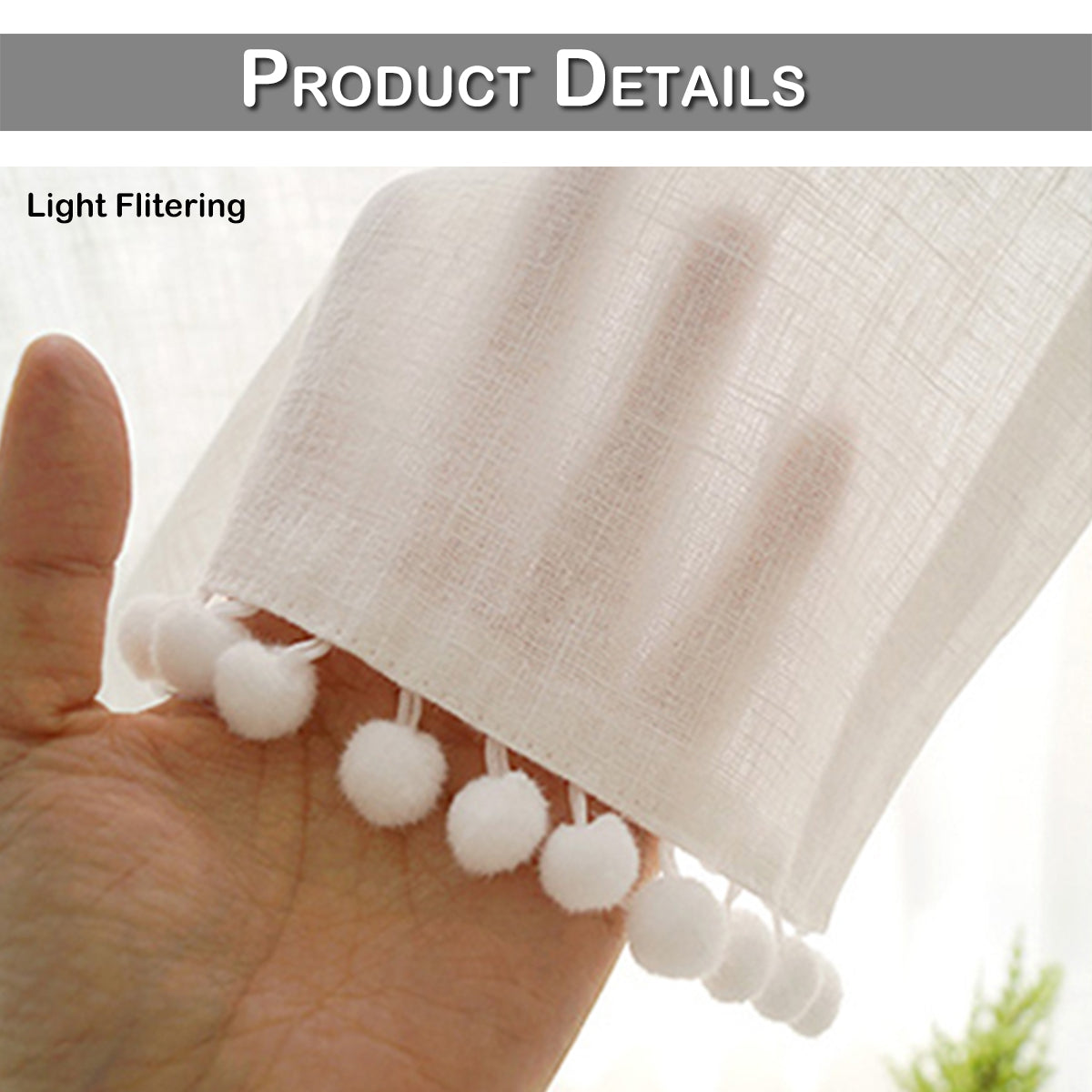 Transparente Kurzgardine mit Pompons – Leinenoptik, Weiß, Rod Pocket
