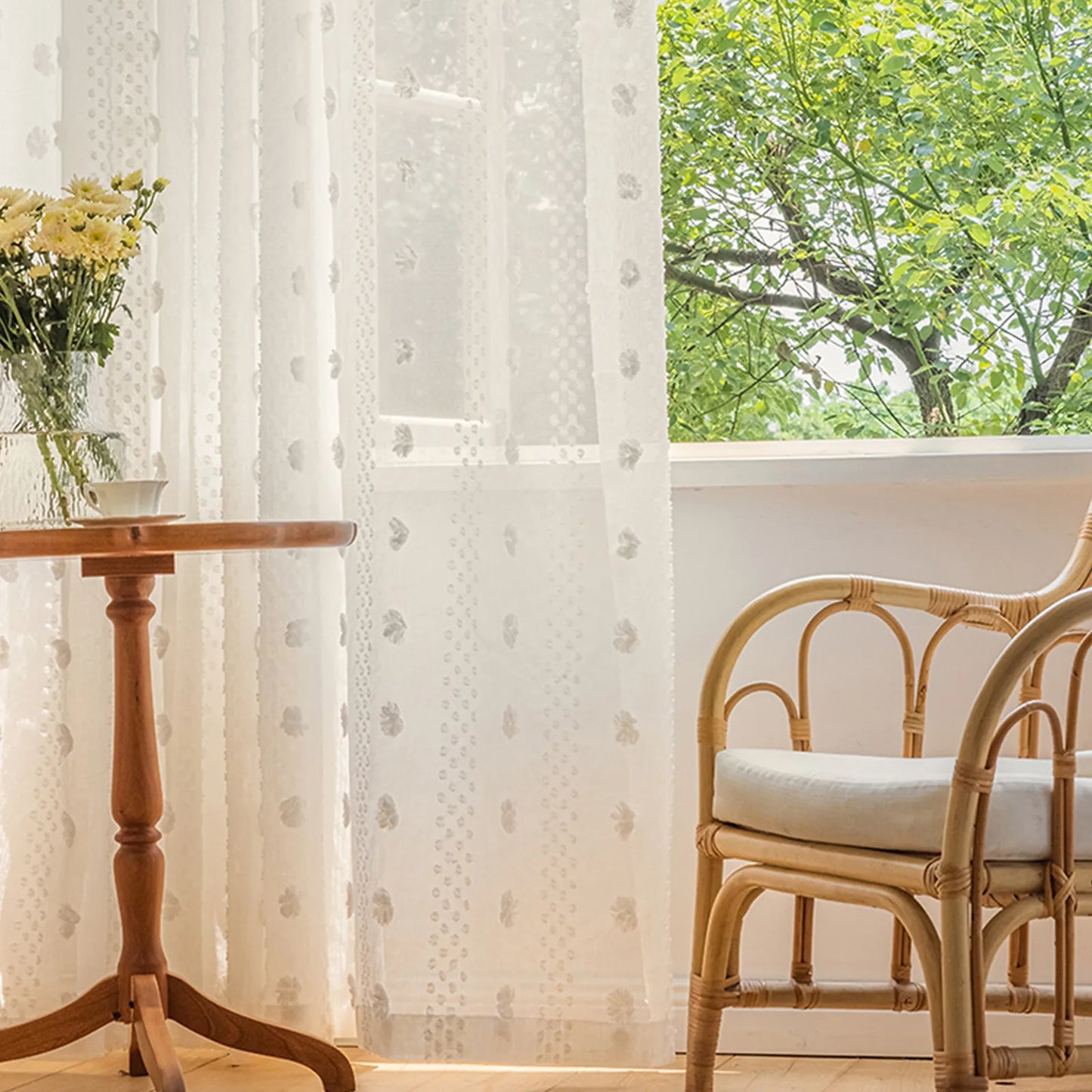 Transparente Pompon-Gardine – Boho-Stil mit Stangentasche, Weiß