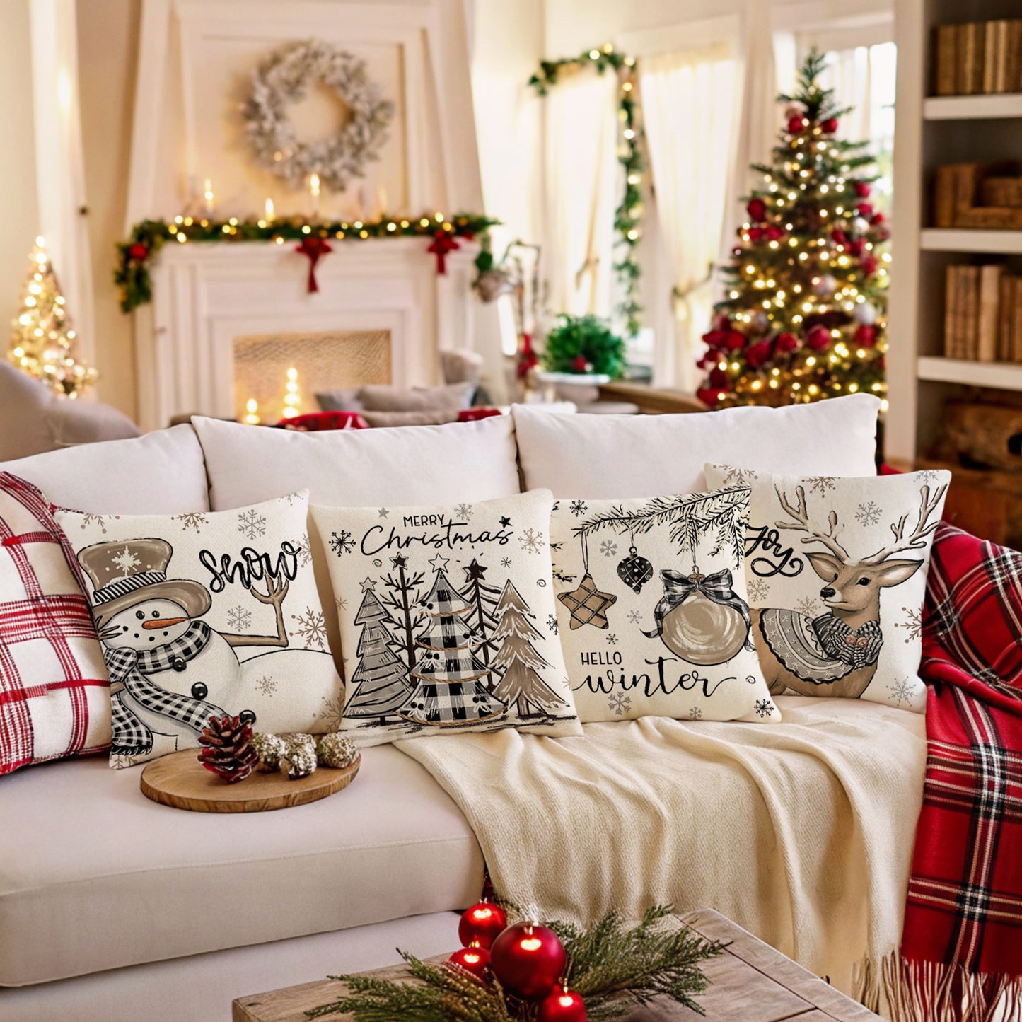 4er-Set Weihnachts-Kissenbezüge aus Leinen – Softe Dekokissen für Sofa und Bett (45×45 cm)
