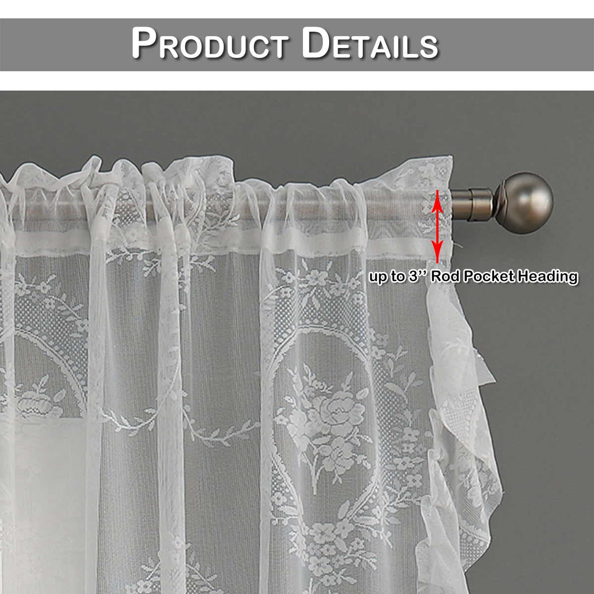 Transparente Spitzengardine mit Blumenmuster und Rüschen – Weiß, Rod Pocket
