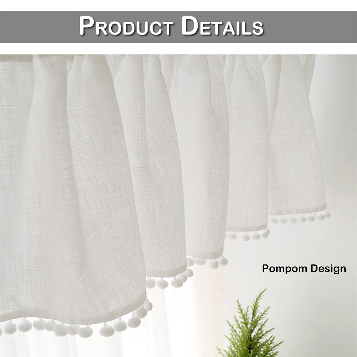 Transparente Kurzgardine mit Pompons – Leinenoptik, Weiß, Rod Pocket