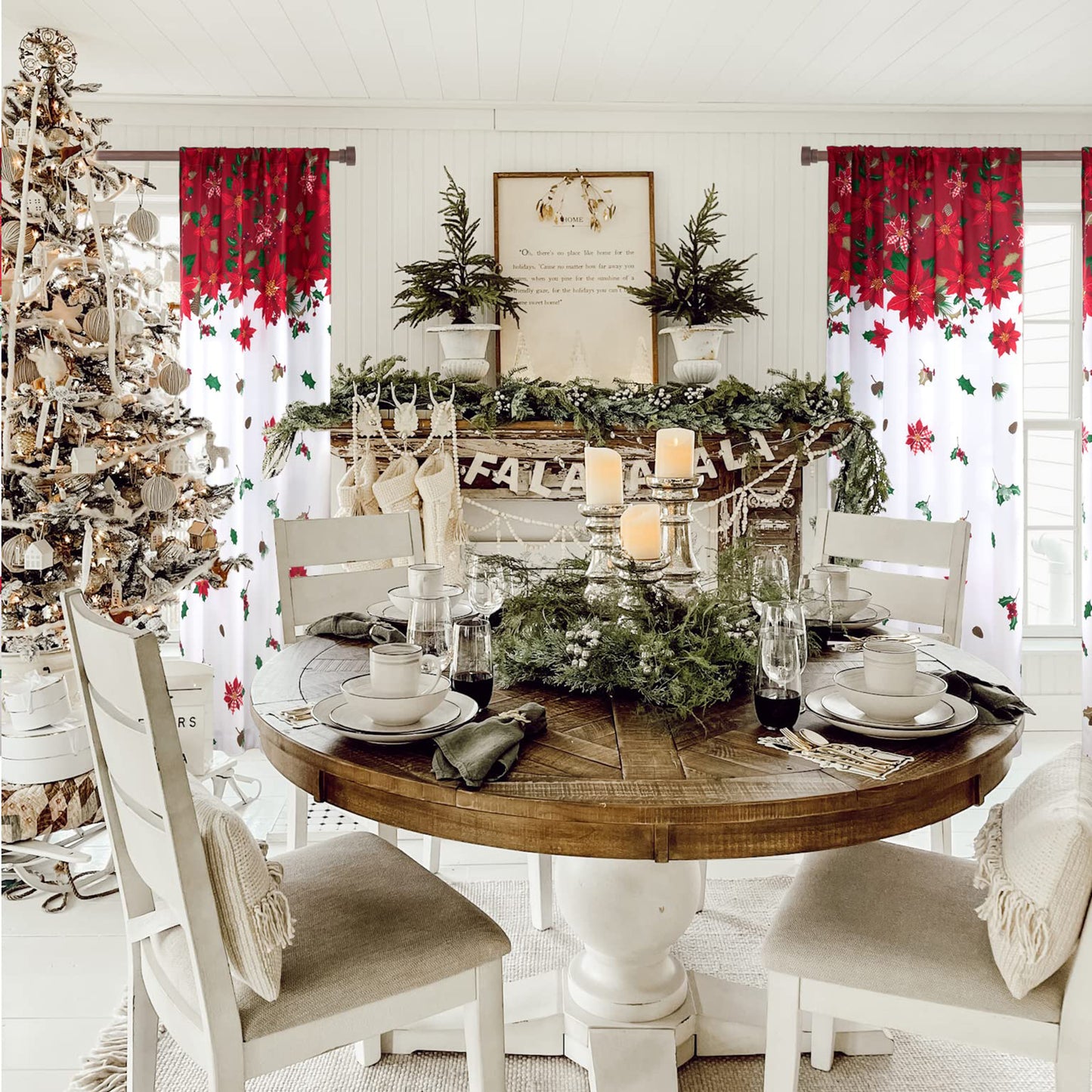 Weihnachtsvorhang Rot Weiß mit Blumenmuster 2er Set