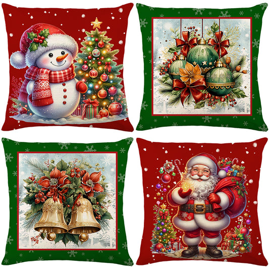 4er-Set Weihnachts-Kissenbezüge aus Leinen – Softe Dekokissen für Sofa und Bett (45×45 cm)