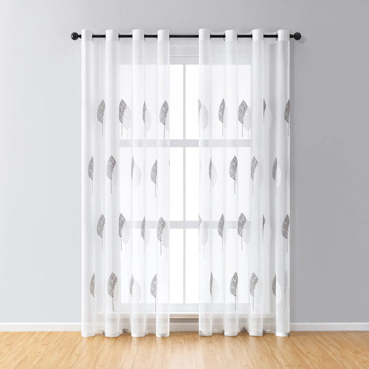 Sheer curtain with embroidery – leaf design, set of 2, eyelets