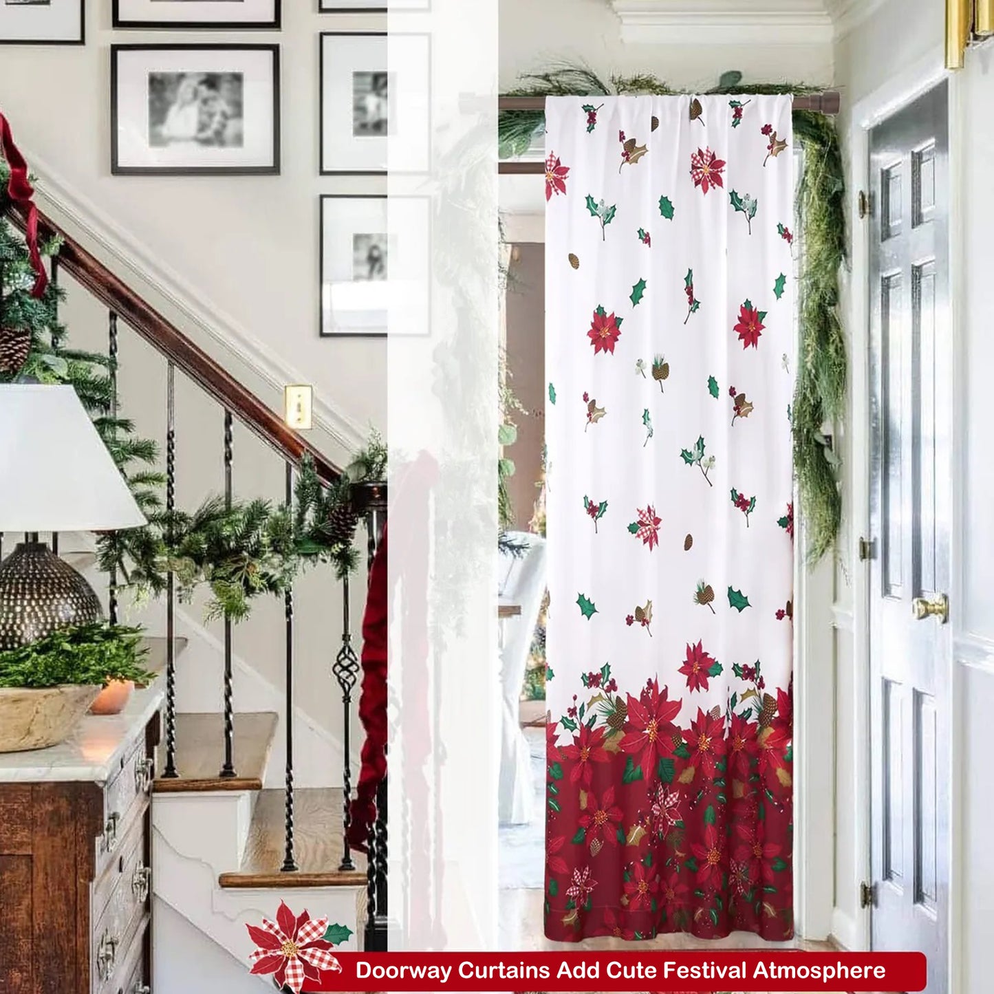 Weihnachtsvorhang Rot Weiß mit Blumenmuster 2er Set