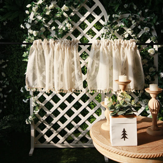 Vintage short curtain with tassels – linen look, beige