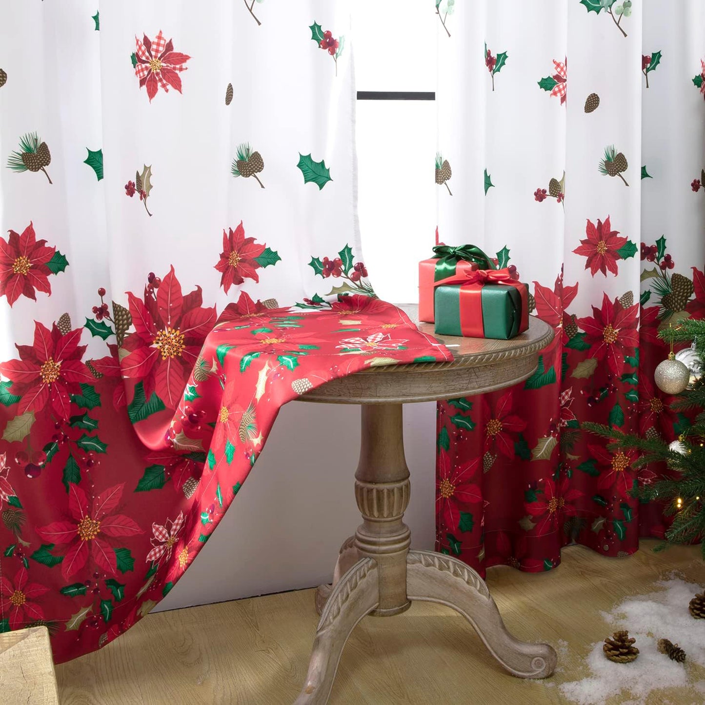Weihnachtsvorhang Rot Weiß mit Blumenmuster 2er Set