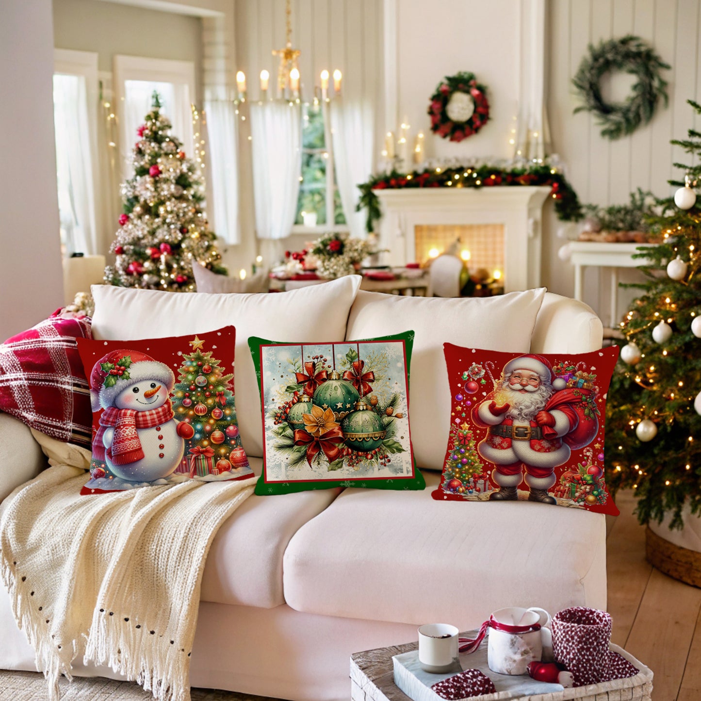 4er-Set Weihnachts-Kissenbezüge aus Leinen – Softe Dekokissen für Sofa und Bett (45×45 cm)