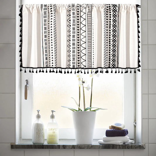 Boho short curtain with tassels – vintage design, beige or black