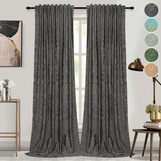 Set of 2 velvet curtains blackout with gold print heat protection