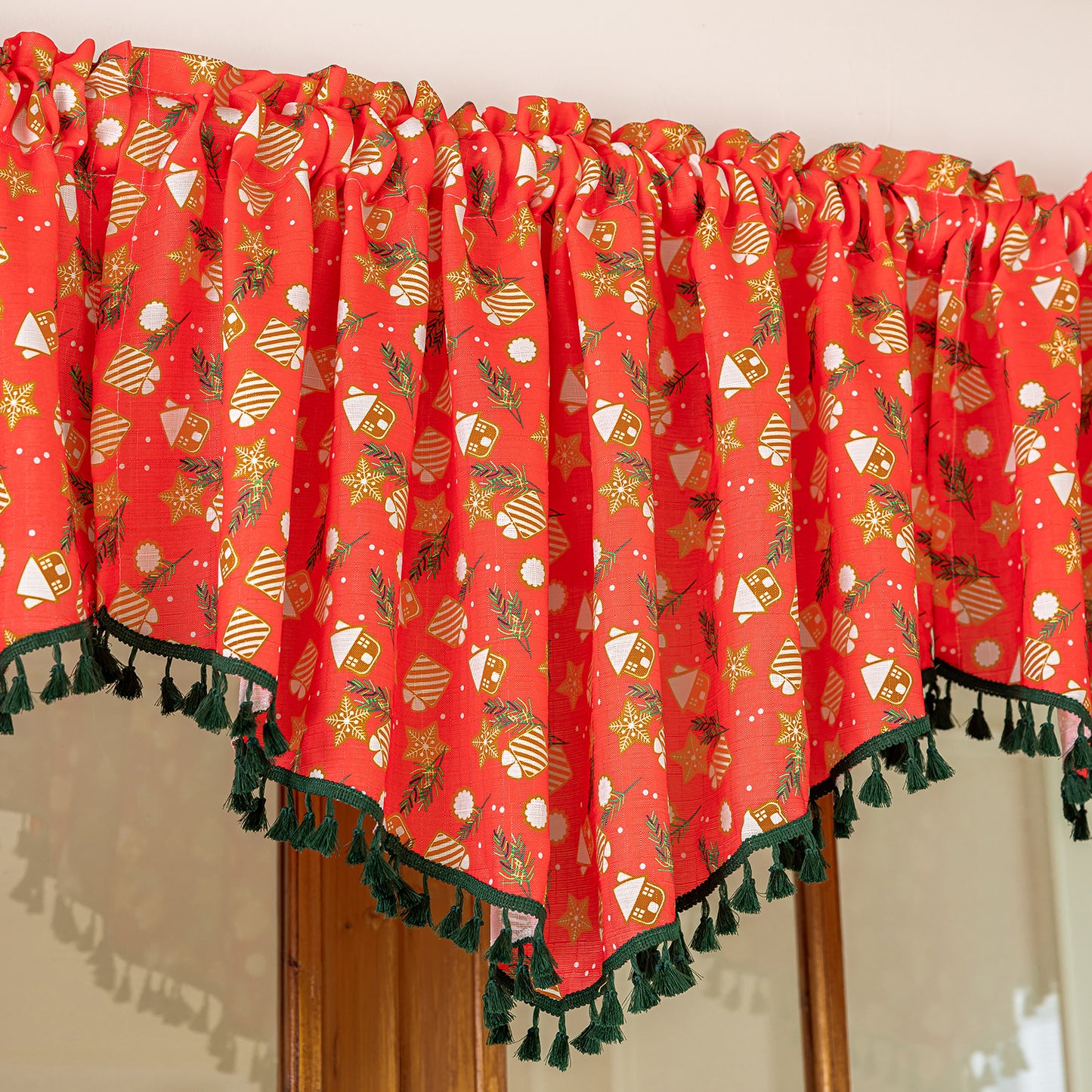 Christmas curtain with tassels – short decorative curtain in red or green, 150 × 60 cm