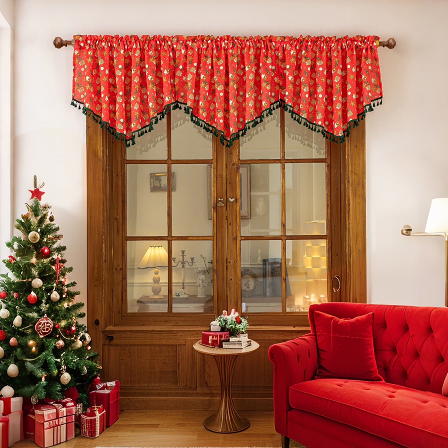Christmas curtain with tassels – short decorative curtain in red or green, 150 × 60 cm