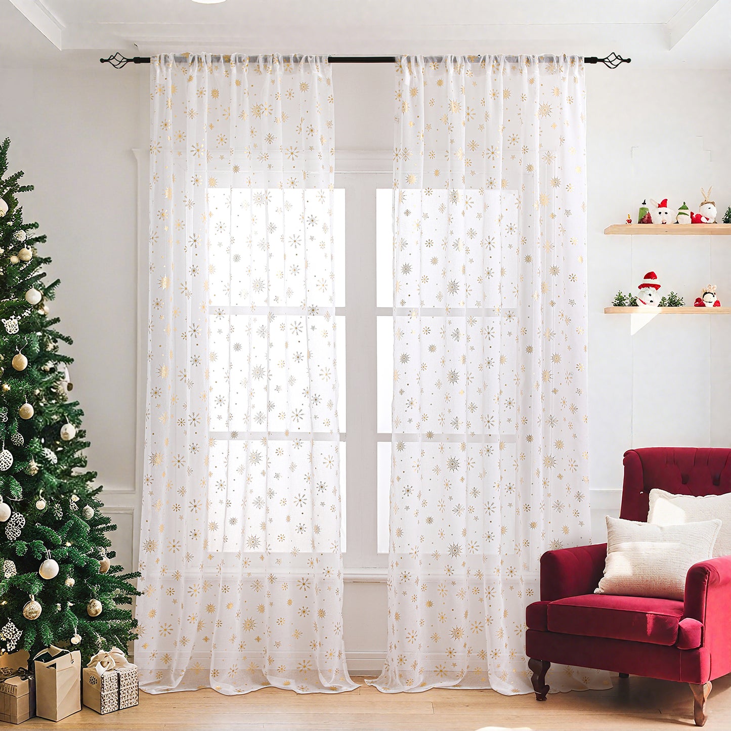 Weihnachtsvorhang Schneeflocken Goldfolie 2er Set Transparente Gardine