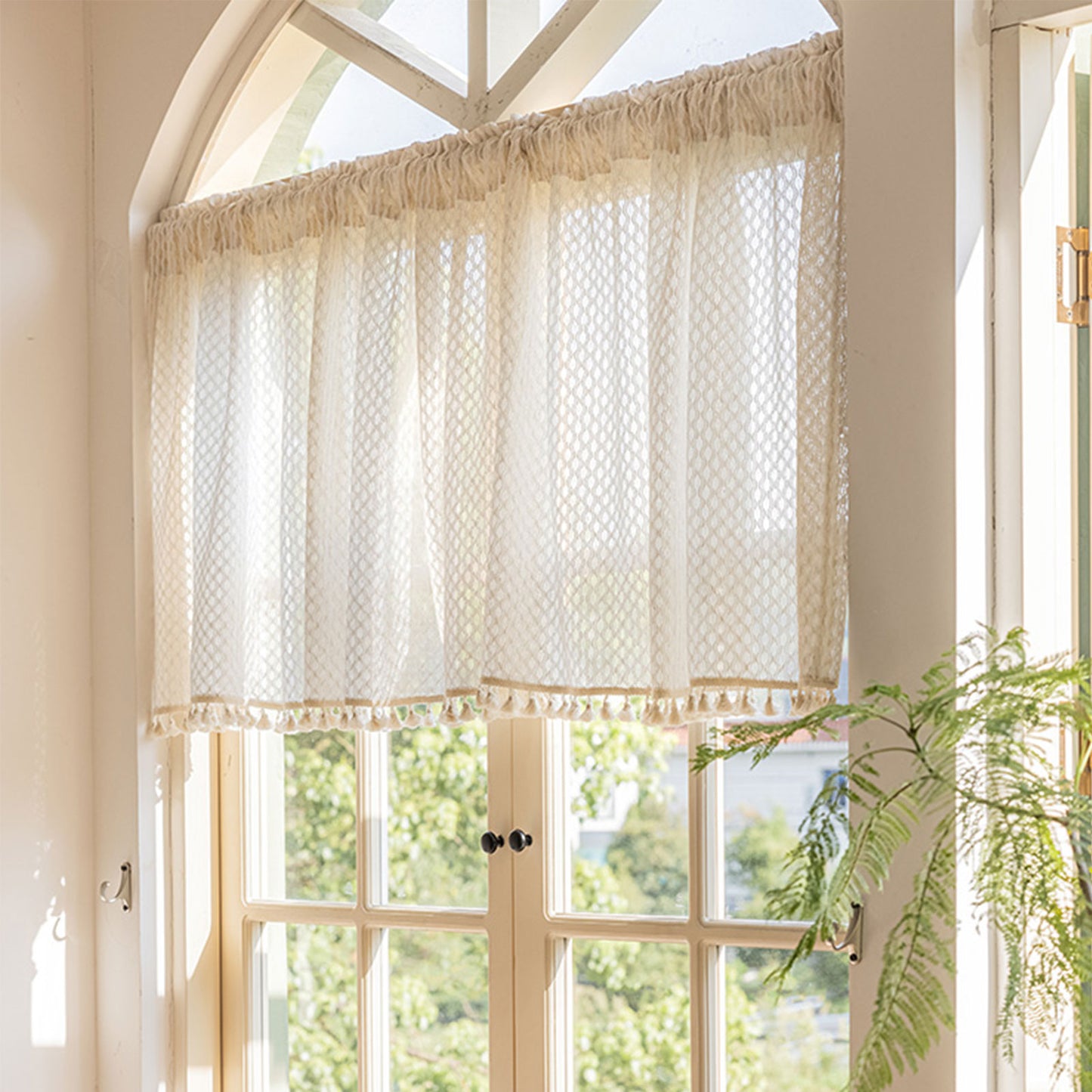 Quasten Kurze Vorhänge Cafe Voile Vorhänge Vintage Boho Küche Dekor 1 Panel