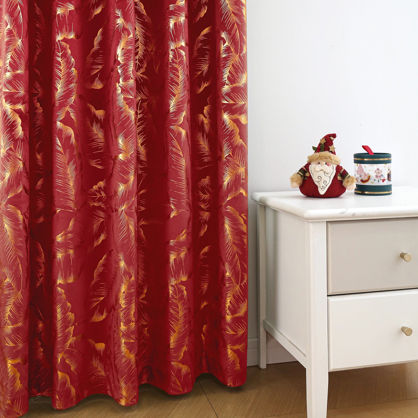 Samt Weihnachtsvorhänge mit Blatt-Goldfolie · Verdunkelung · Rot/Grün · 2-teilig