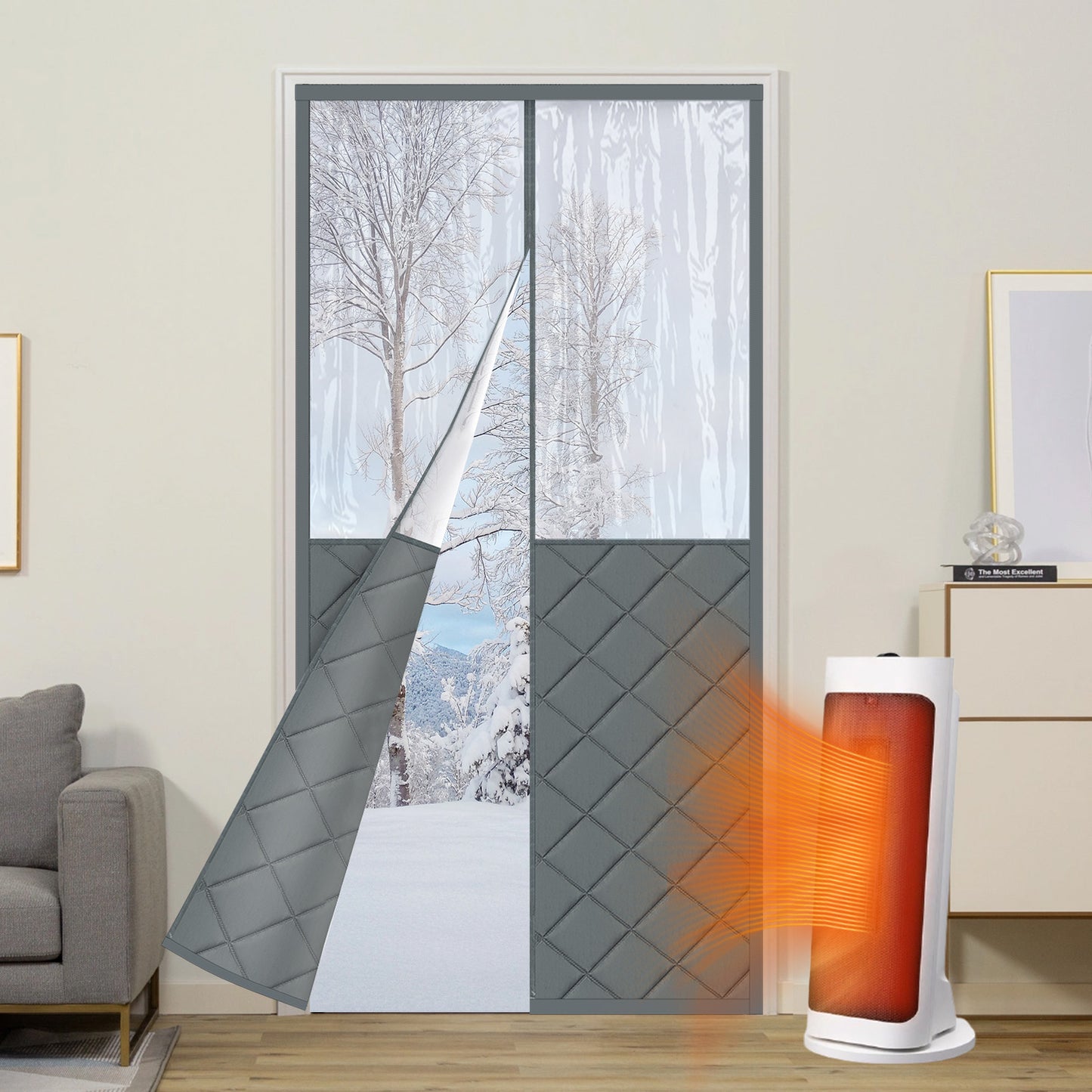 Magnetischer gesteppter Thermo Türvorhang mit großem Fenster · Wärmeschutz für Winter und Sommer