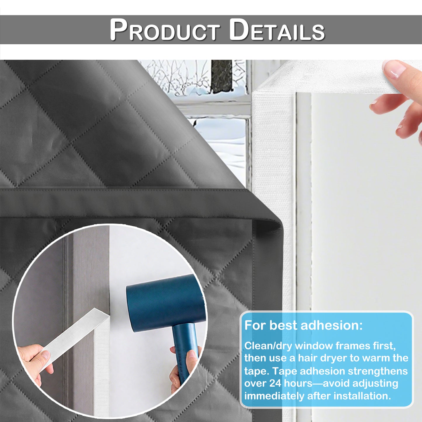 Quilted Winter Insulated Window Curtain with Magic Tape – Thermal Draft Blocking Panel