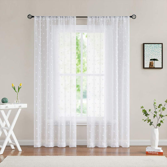 Boho Curtain with Pompoms · White · Semi-transparent