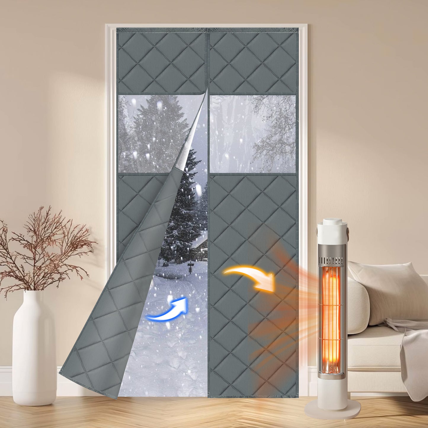 Gesteppter magnetischer Thermo Türvorhang mit Fenster · Wärmeschutz und Kälteschutz