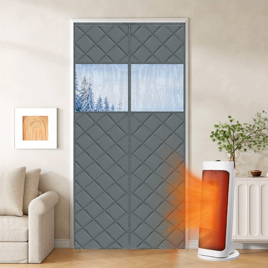 Quilted magnetic thermal door curtain with window · Heat and cold protection