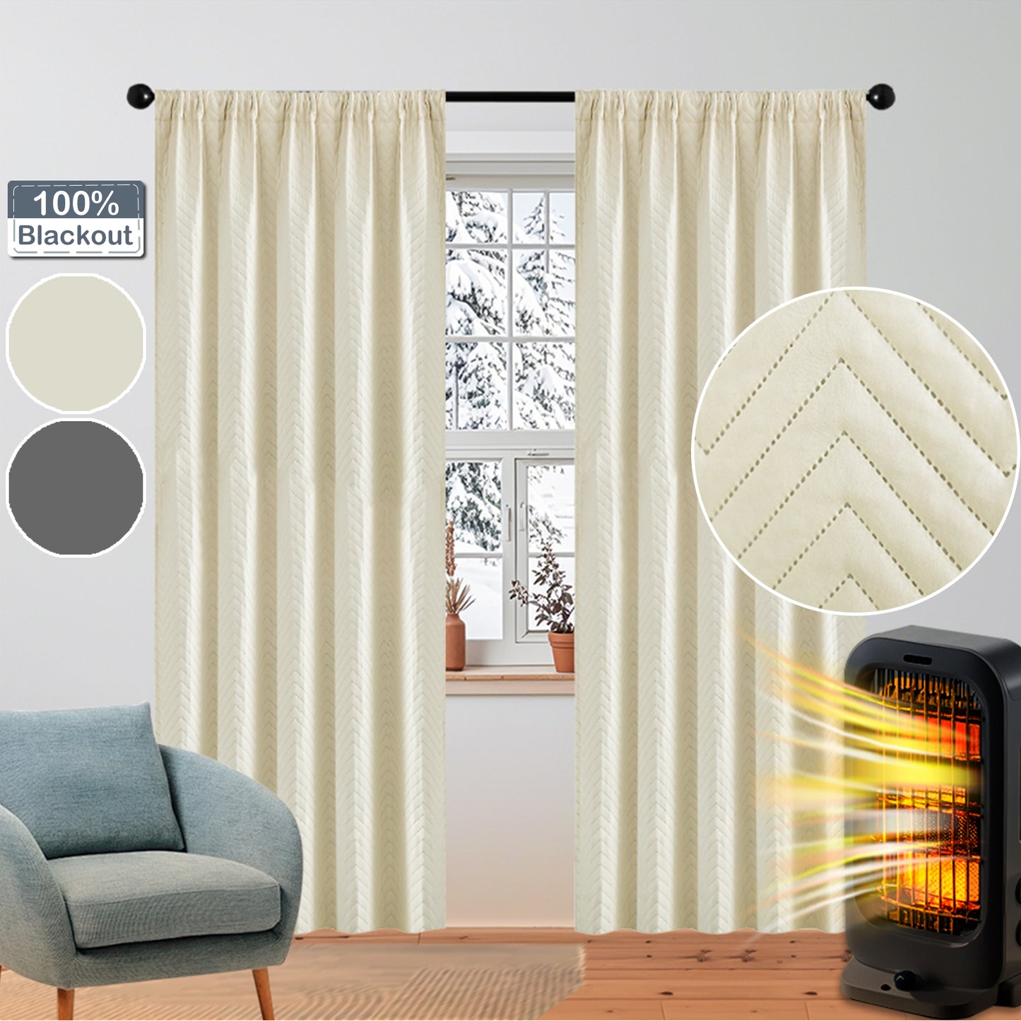 Heavy quilted blackout curtain · 100% blackout · Thermal protection