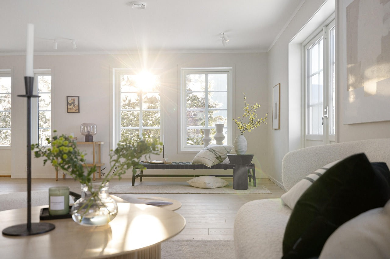 The living room was decorated with some green plants, and sunlight came in from the window and shone in the living room.