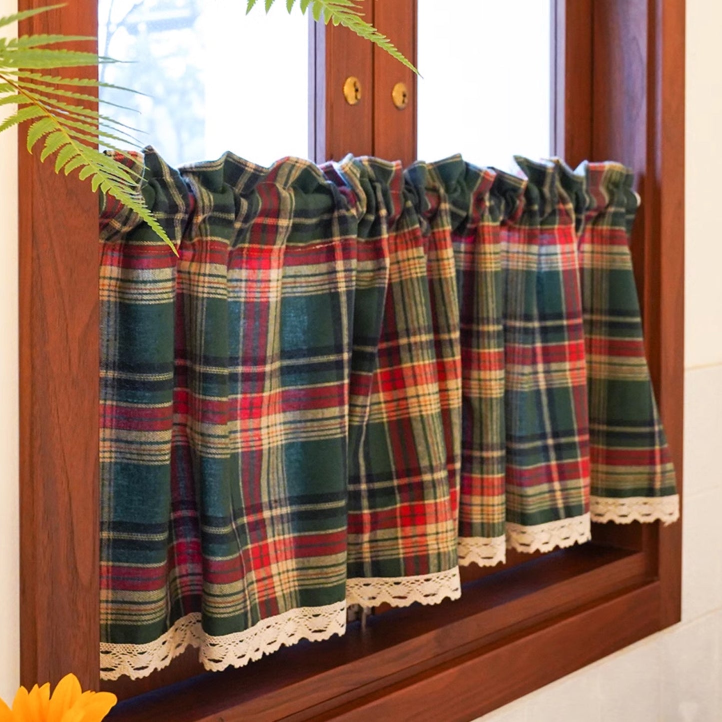 Weihnachtliche Kurzgardine im Karomuster · Vintage Boho · Grün