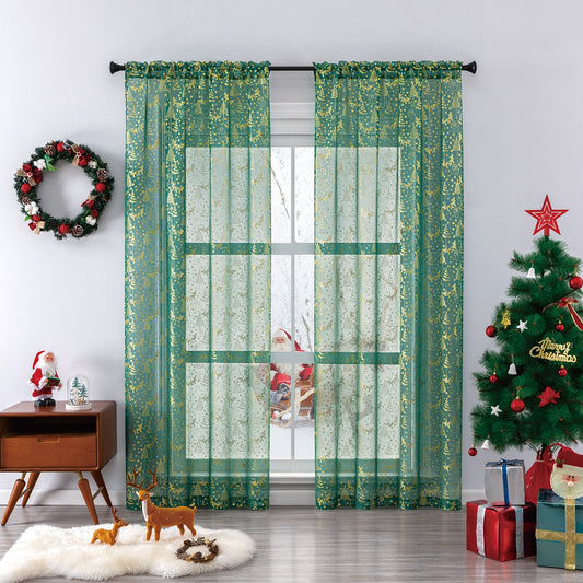 Christmas Curtains Set Gold Foil Red or Green 2-piece