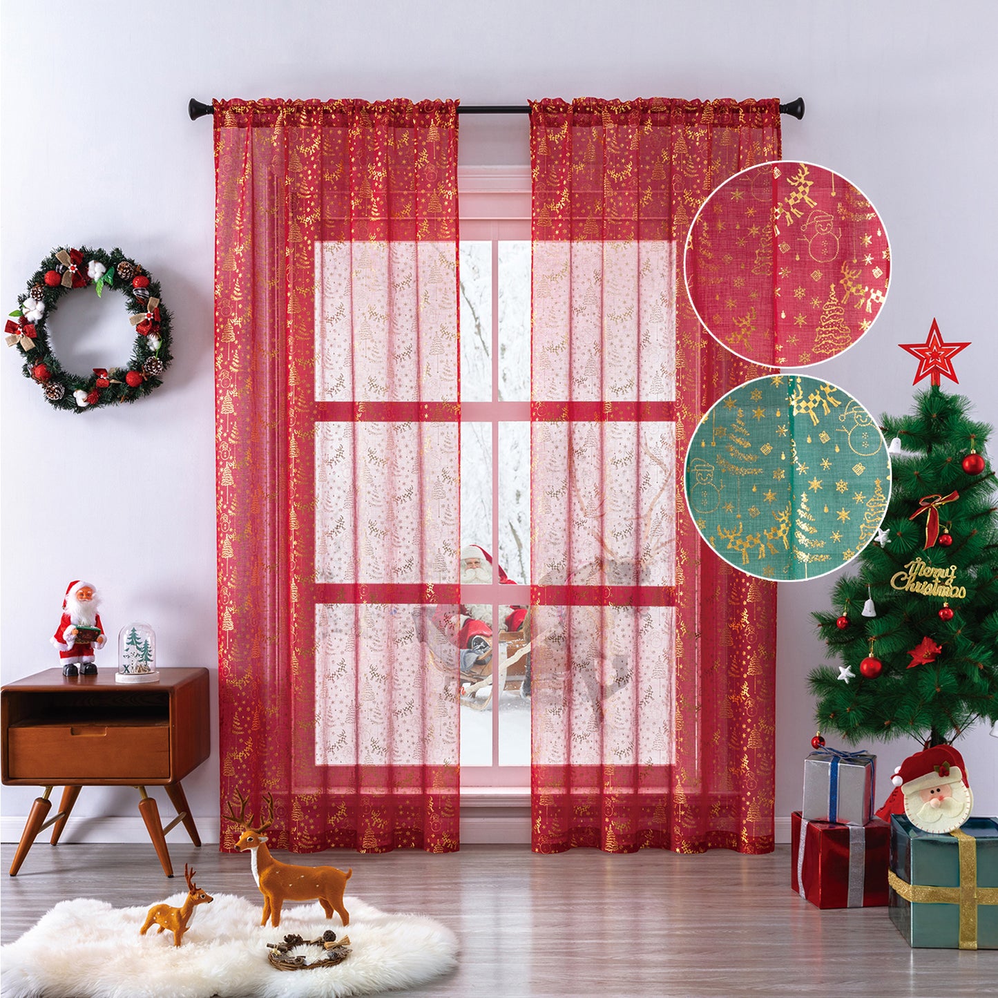 Weihnachts Gardinen Set Goldfolie Rot oder Grün 2-teilig