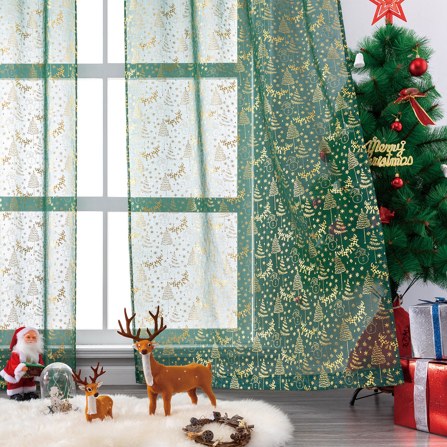 Weihnachts Gardinen Set Goldfolie Rot oder Grün 2-teilig