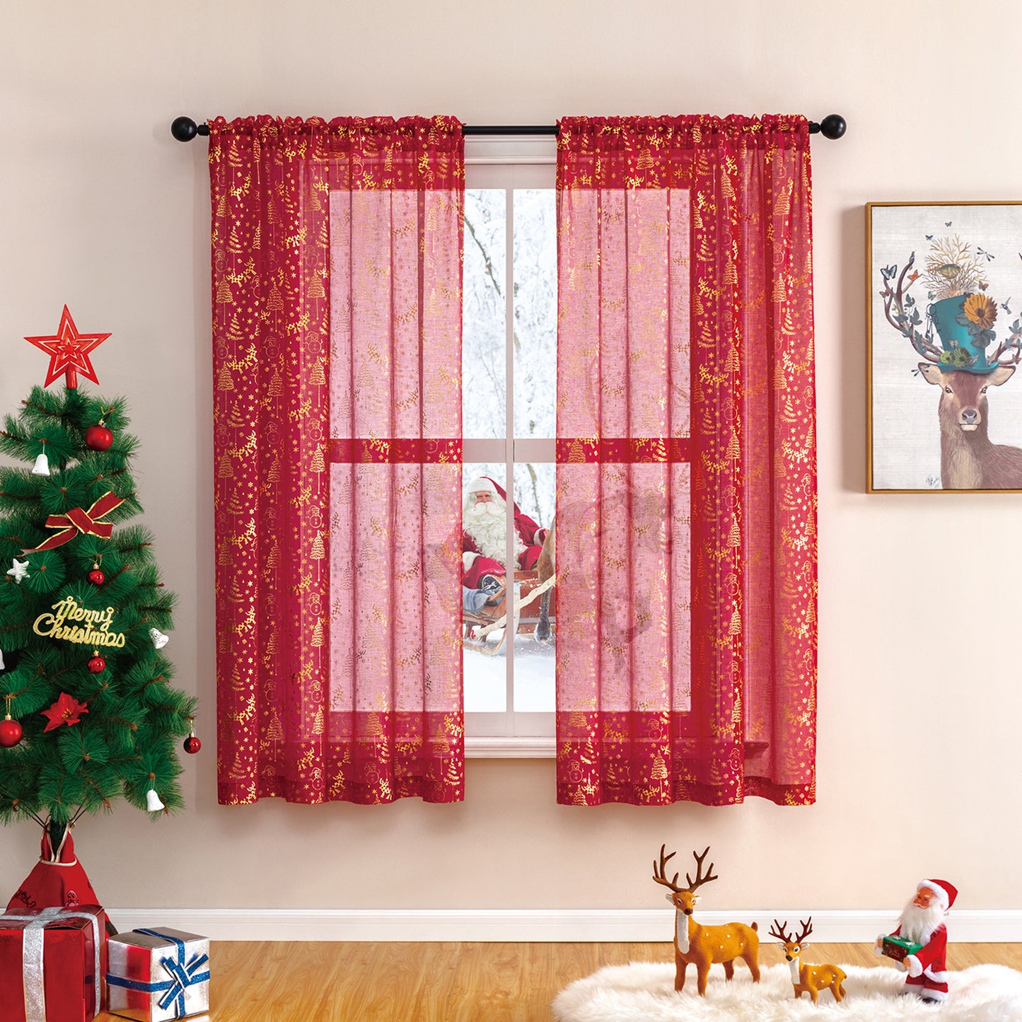 Weihnachts Gardinen Set Goldfolie Rot oder Grün 2-teilig