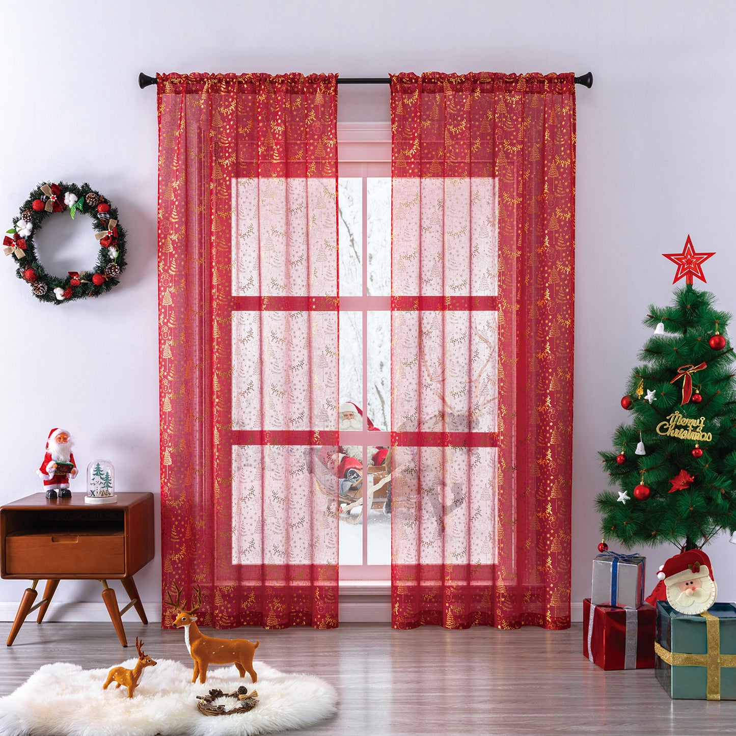 Weihnachts Gardinen Set Goldfolie Rot oder Grün 2-teilig
