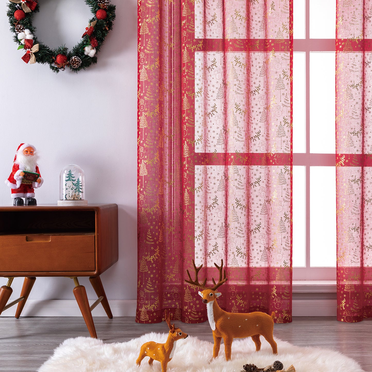 Weihnachts Gardinen Set Goldfolie Rot oder Grün 2-teilig