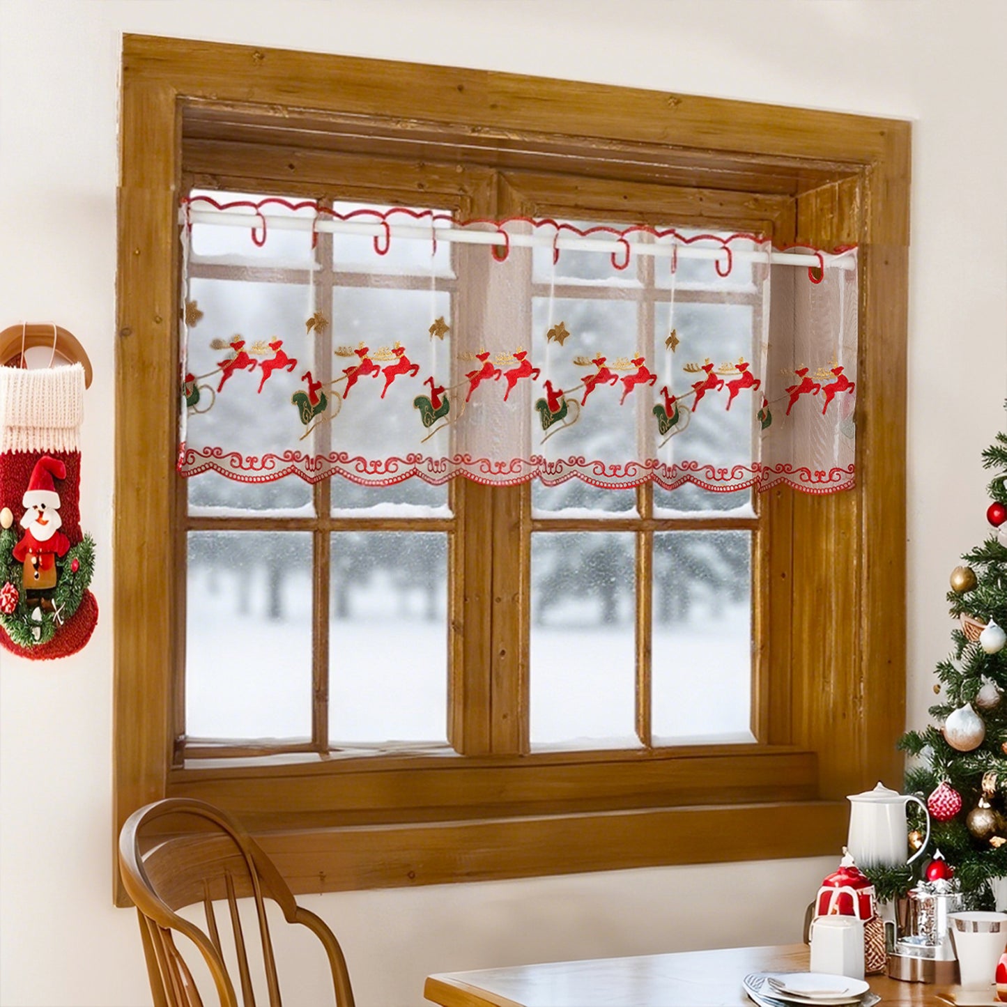Weihnachts Kurzgardine mit Stickerei Weiß Einzelstück
