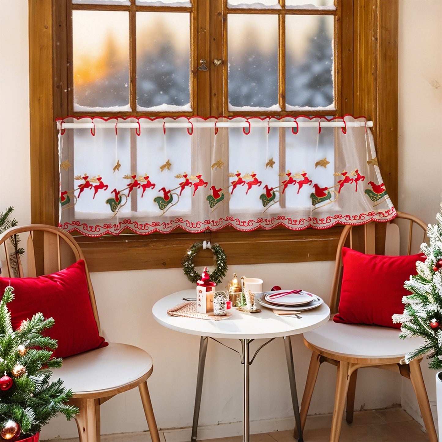 Weihnachts Kurzgardine mit Stickerei Weiß Einzelstück