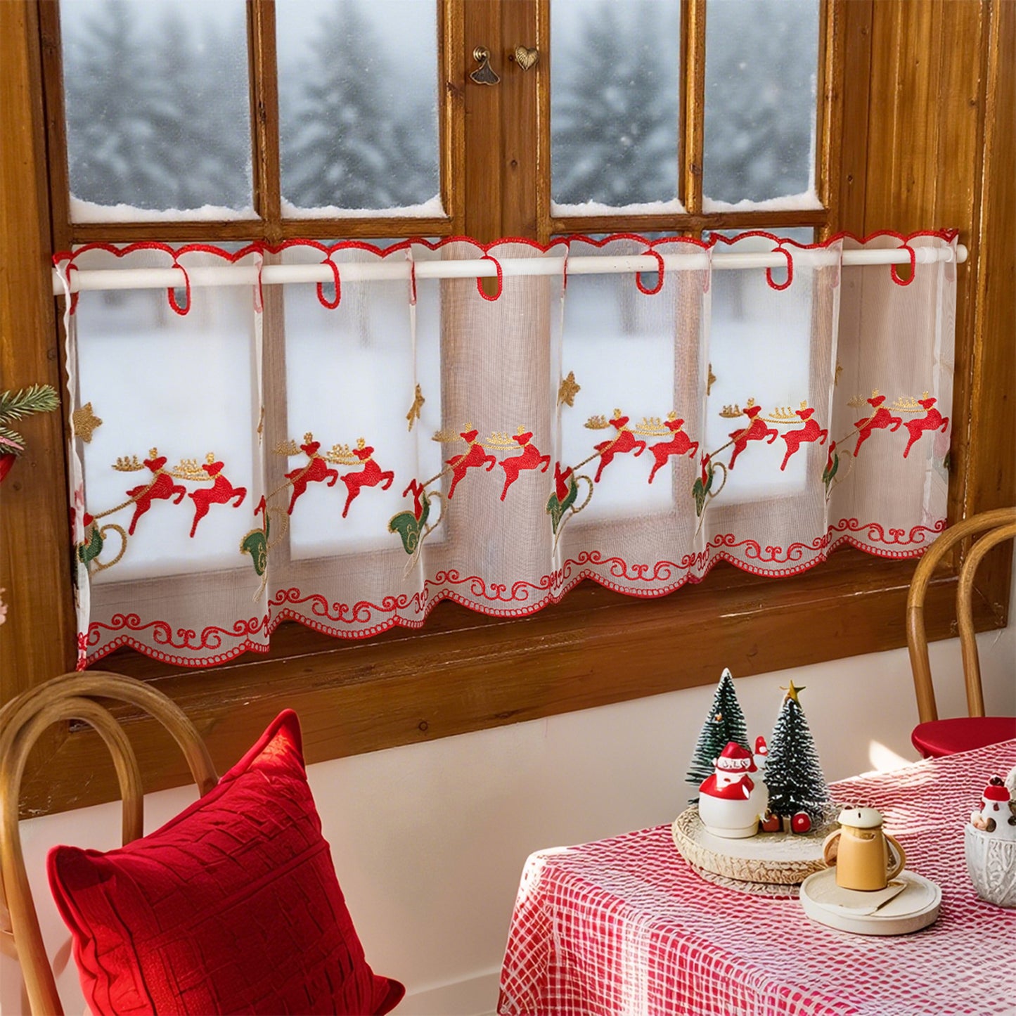 Weihnachts Kurzgardine mit Stickerei Weiß Einzelstück