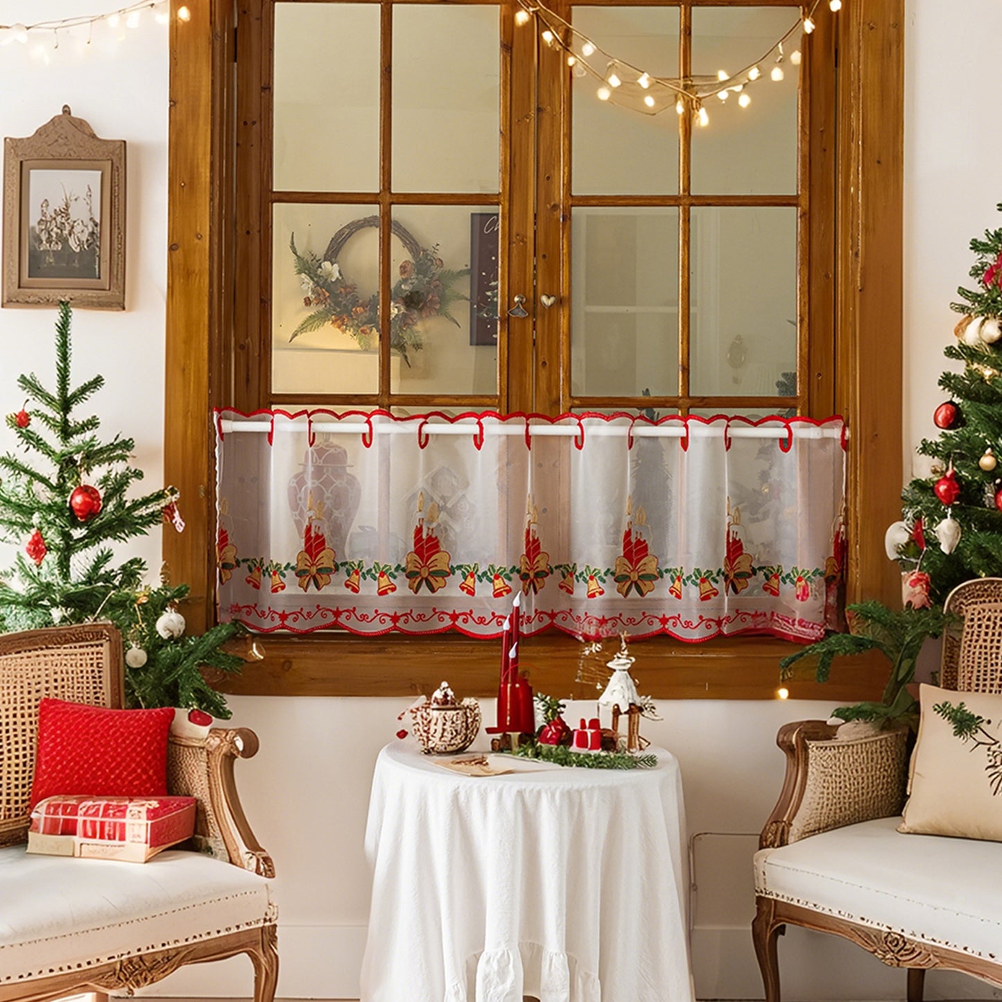 Weihnachts Kurzgardine mit Stickerei Weiß Einzelstück