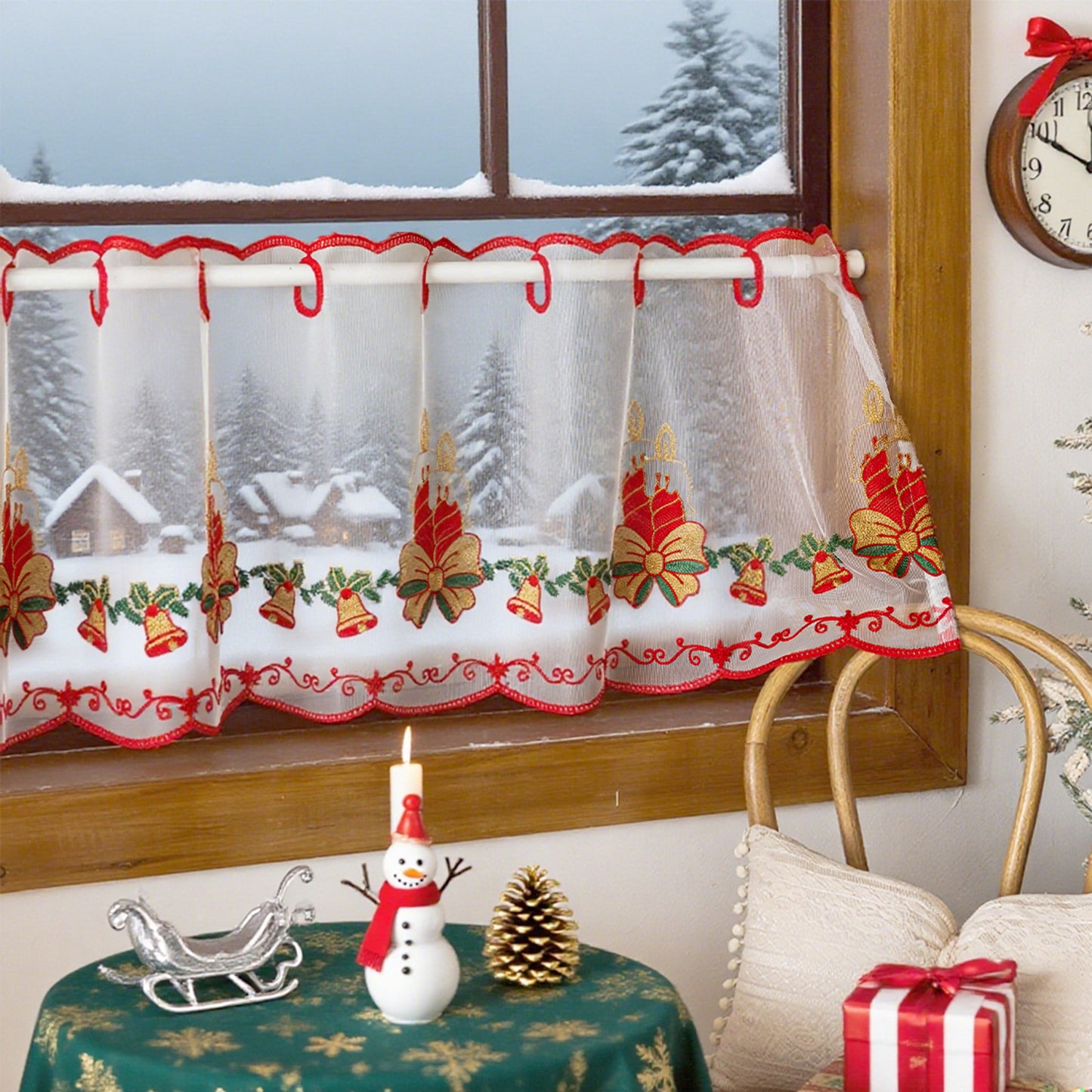 Weihnachts Kurzgardine mit Stickerei Weiß Einzelstück